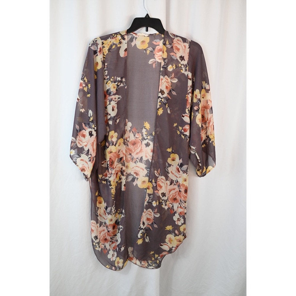 Adora Purple Floral Kimono Cardigan Sheer Open Front Wrap Large